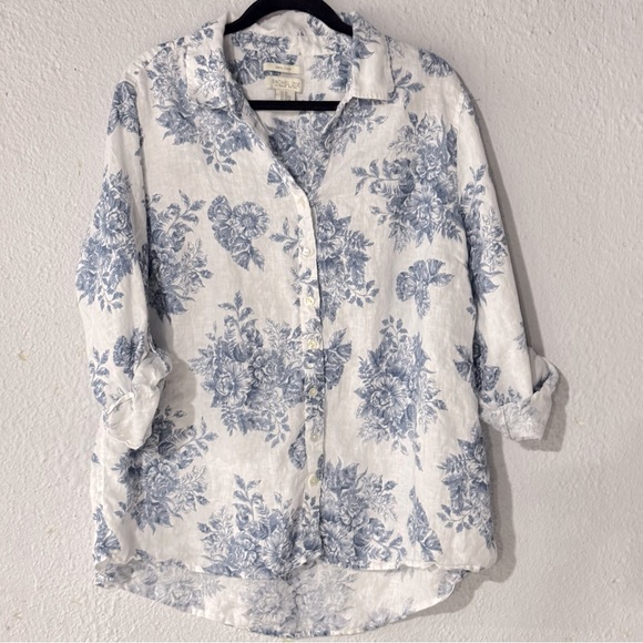 Rachel Zoe 100% Linen Floral Button-Up Shirt in Blue and White Size 2X - Picture 1 of 5